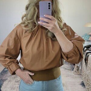 Drome Leather Three Quarter Length Sleeve Pleated Neckline Blouse Size Large